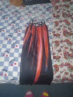 Sleeveless Black Midi Dress with Red Brushstroke Print